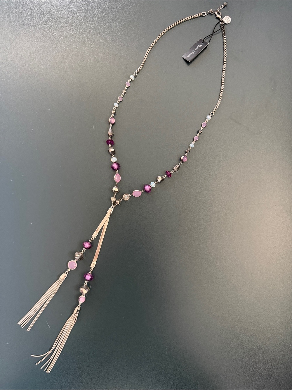 White House Black Market Silver chain w purple beaded accents Tassel Necklace